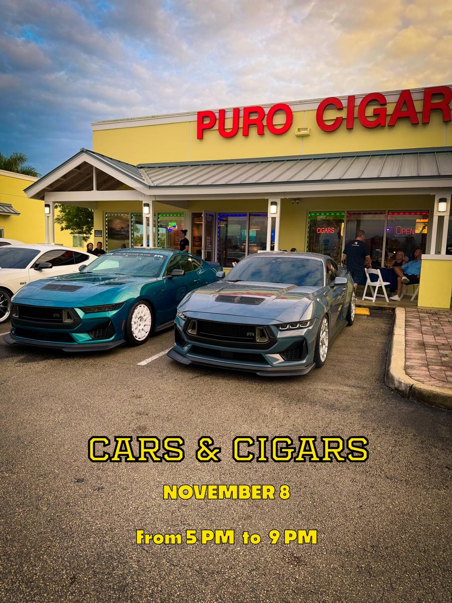 Join us November 8 for Cars and Cigars at Puro Cigars Lounge — muscle car exhibition, premium cigars, food, and drinks in Florida City.